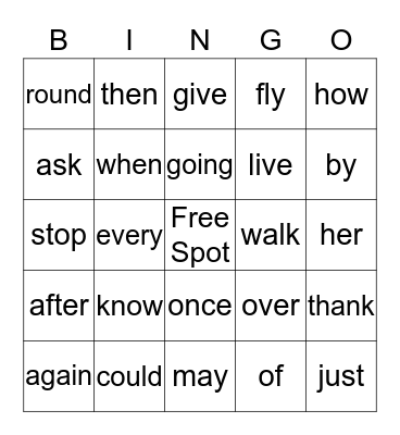 1st Grade Sight Word Bingo Card