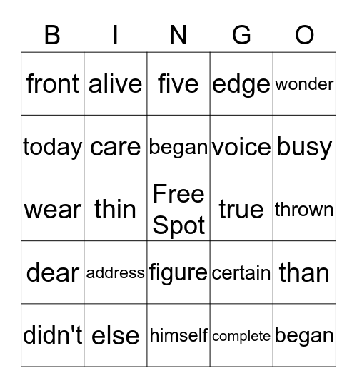 4th Grade Sight Word Bingo Card