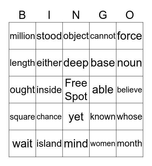 5th Grade Sight Word Bingo Card