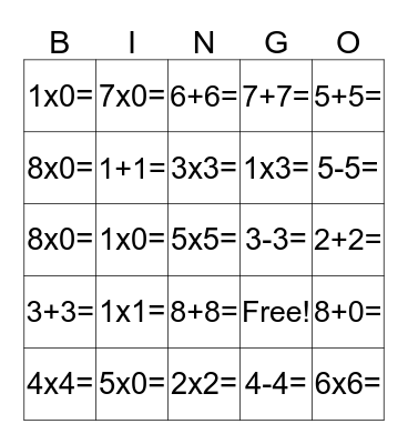 Ryah’s Math Facts Bingo Card
