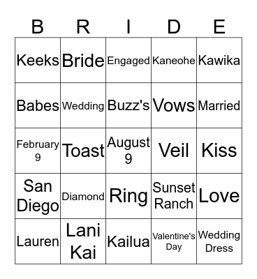 Bridal Bingo Card