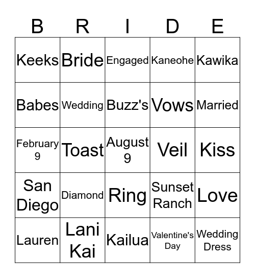 Bridal Bingo Card