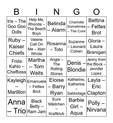 Musik-Bingo Girls Bingo Card
