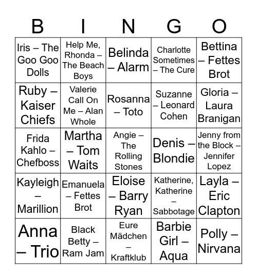 Musik-Bingo Girls Bingo Card