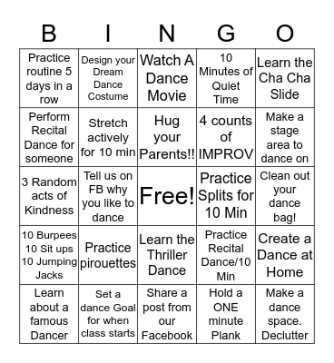 Rimview Dance Bingo Card