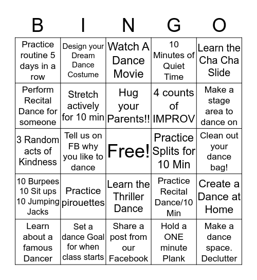 Rimview Dance Bingo Card