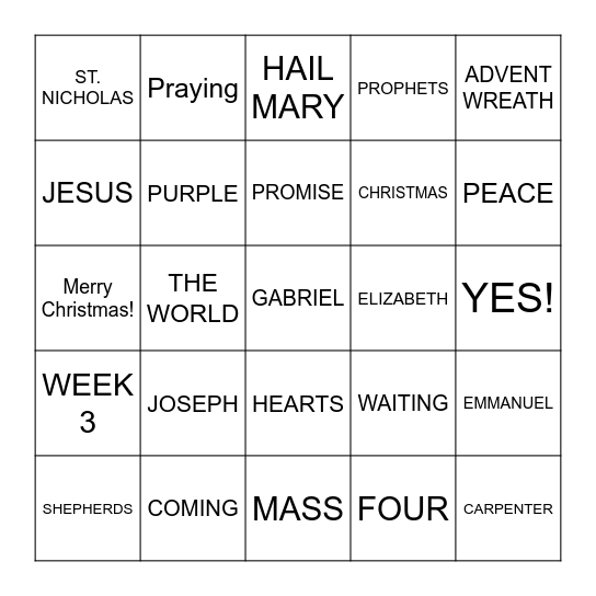 ADVENT Bingo Card