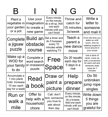 CrossFit Kids AT HOME Bingo Card