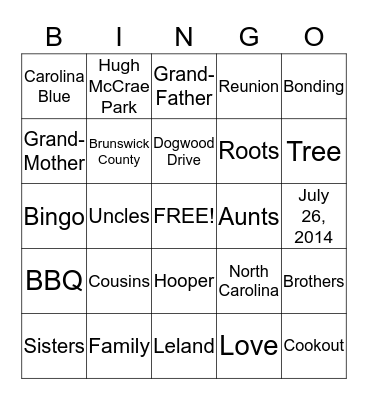 Hooper Family 2014 Bingo Card