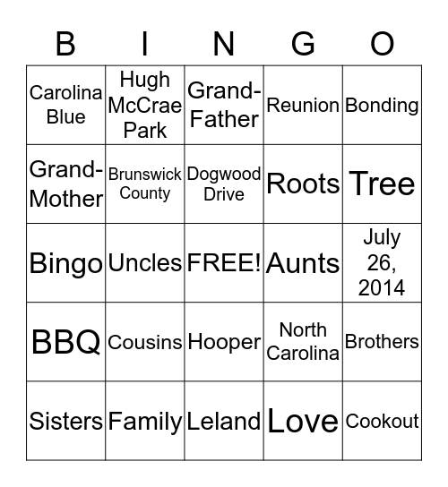 Hooper Family 2014 Bingo Card