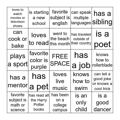 Queens Camp Getting to Know You  BINGO Card