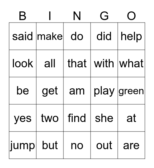 Sight Words Bingo Card
