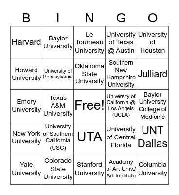College Bingo - 8th Grade Bingo Card