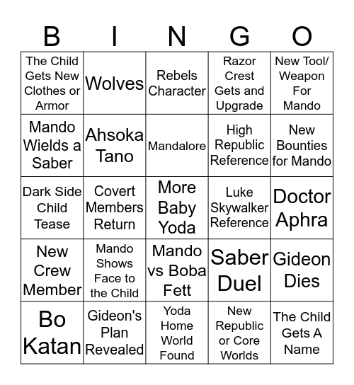 Mandalorian Season 2 Predicitions Bingo Card