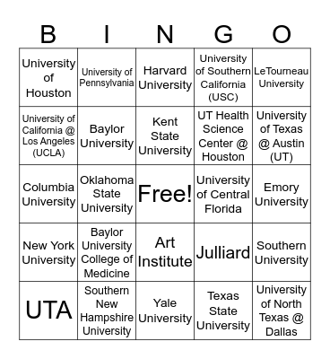 College Bingo - 8th Grade Bingo Card