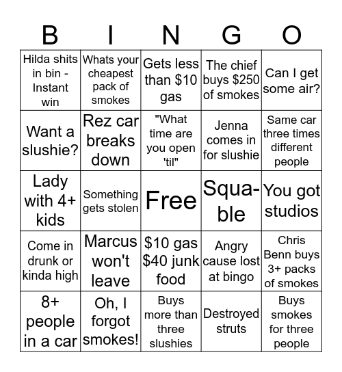 Birtle Gas Bar Bingo Card