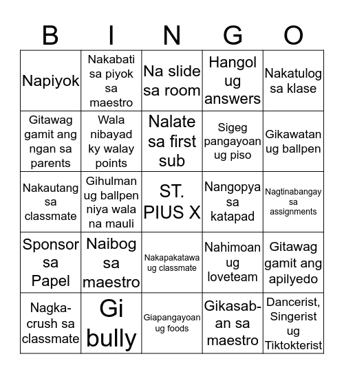 BINGO SA PIUS 2K19-2K2K  Bingo Card