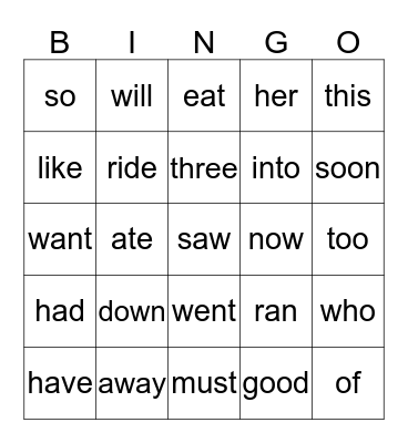 Sight Words Bingo Card