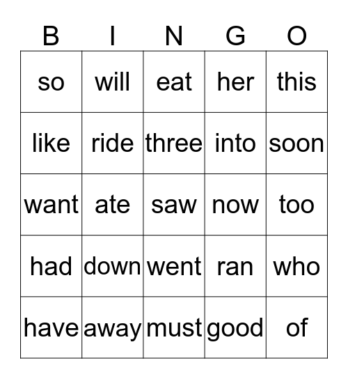 Sight Words Bingo Card