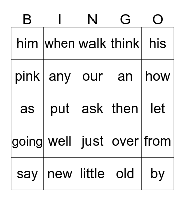 Sight Words Bingo Card