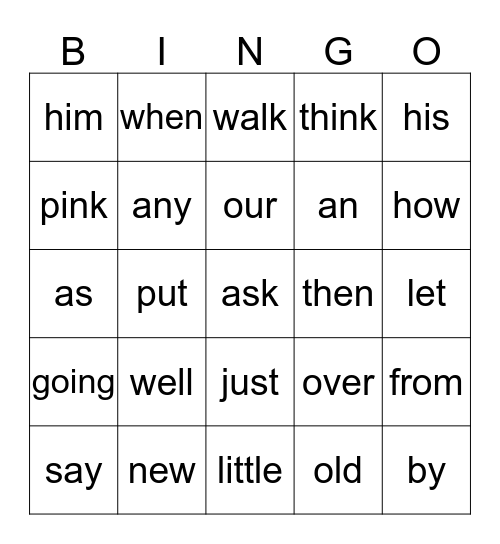 Sight Words Bingo Card