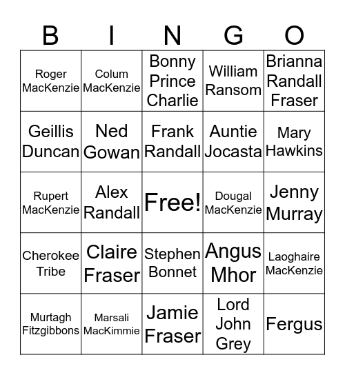 Outlander Characters Bingo Card