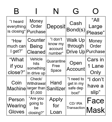 Coronavirus Bank Bingo Card