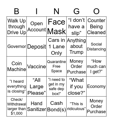 Coronavirus Bank Bingo Card