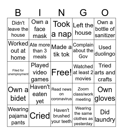 Quarantine Bingo Card