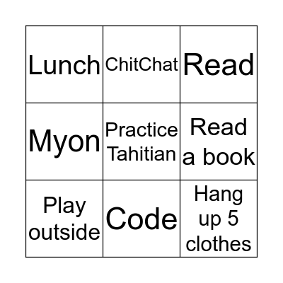 Aria's BINGO Card Bingo Card