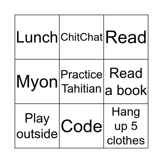 Aria's BINGO Card Bingo Card