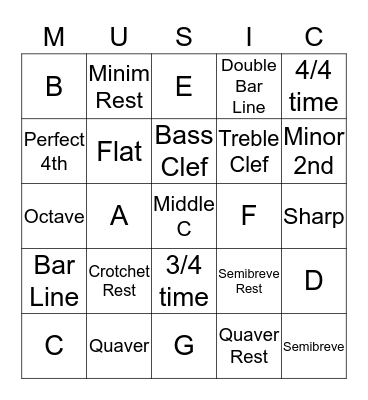 Beginner Music Theory Bingo Card