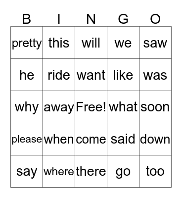 Sight Words Bingo Card