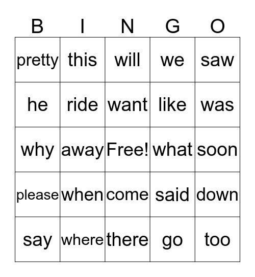 Sight Words Bingo Card