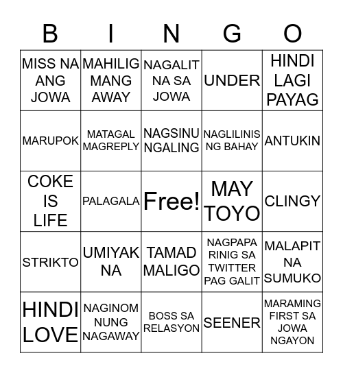 RELATIONSHIP Bingo Card