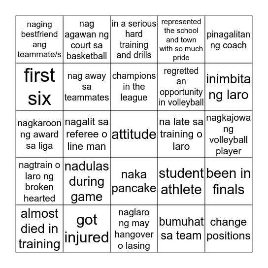 Volleyball Players Bingo  Bingo Card