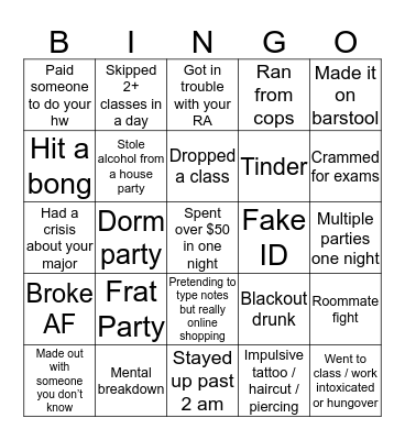College Freshman Bingo Card