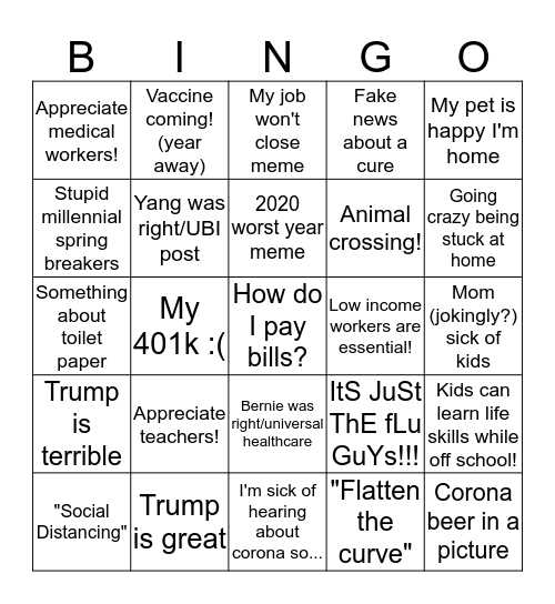 Coronavirus Facebook Bingo! Bingo Card