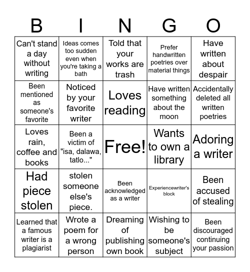 Just Poetry and Arts Writer's Edition Bingo Card