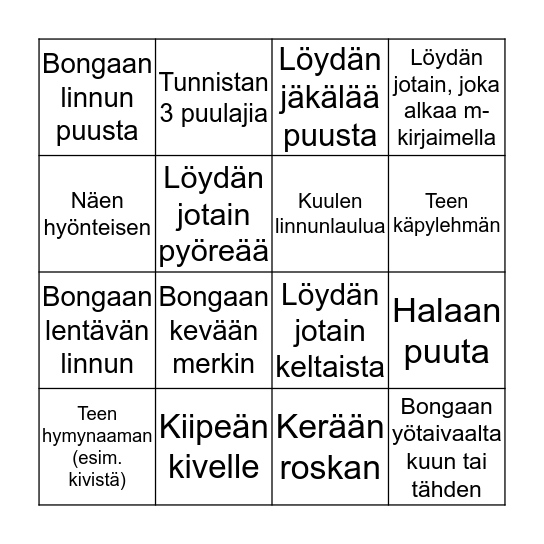 Pesusienten luontobingo Card
