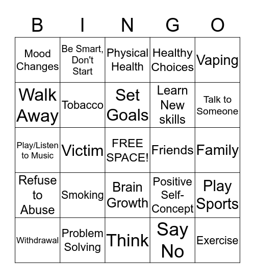 Drug Free Bingo Card