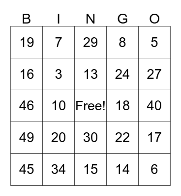 Number Bingo Card