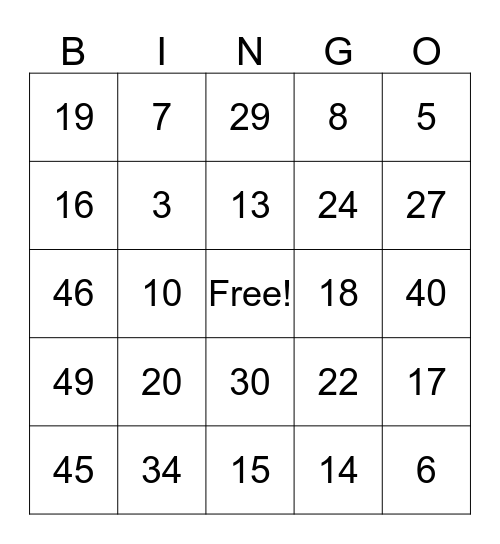 Number Bingo Card