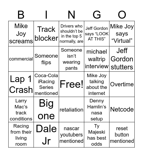 Nascar Dixie-Vodka 150 Bingo Card