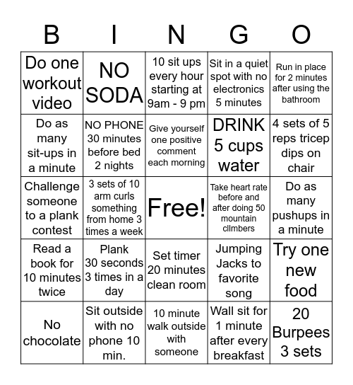 WORKOUT CHALLENGE Bingo Card