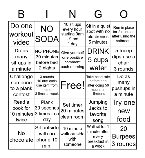WORKOUT CHALLENGE Bingo Card