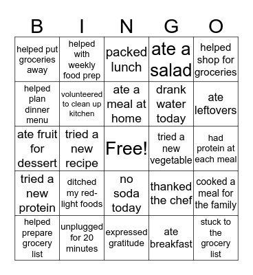 Kids in the Kitchen Bingo Card