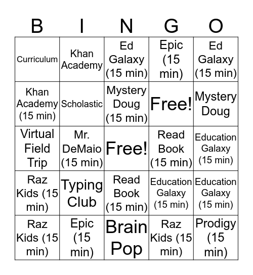 Homeschool Bingo Card