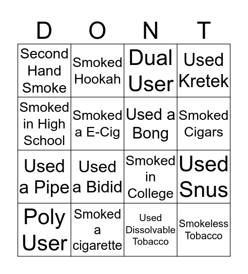 Tobacco Bingo Card