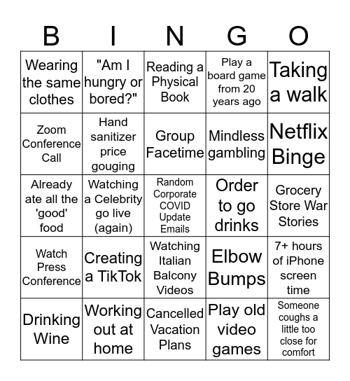 Quarantine Bingo Card